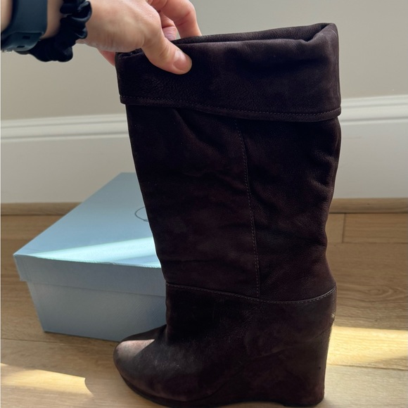 Prada Fold Over Cuffs Leather Wedge Bootie in Chocolate Brown - Picture 7 of 10